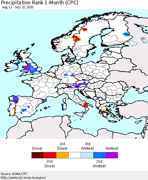 Europe Precipitation Rank 1-Month (CPC) Thematic Map For 8/11/2020 - 9/10/2020
