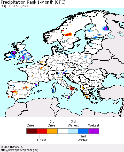 Europe Precipitation Rank 1-Month (CPC) Thematic Map For 8/16/2020 - 9/15/2020