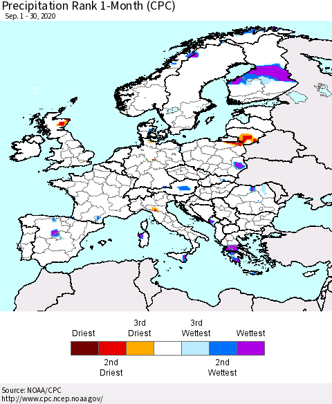 Europe Precipitation Rank 1-Month (CPC) Thematic Map For 9/1/2020 - 9/30/2020