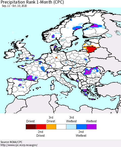 Europe Precipitation Rank since 1981, 1-Month (CPC) Thematic Map For 9/11/2020 - 10/10/2020