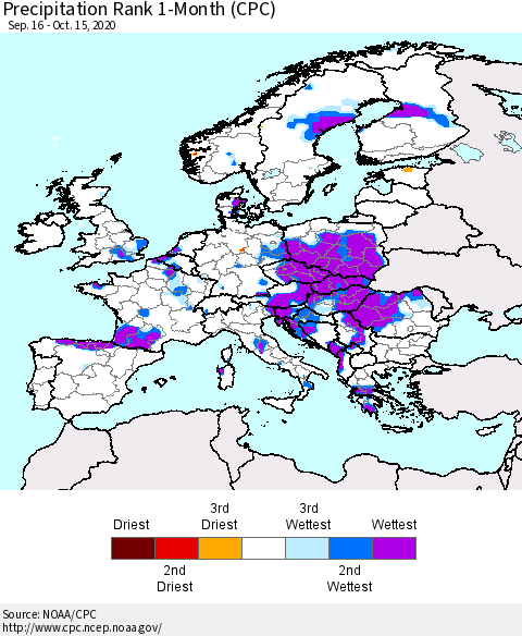 Europe Precipitation Rank 1-Month (CPC) Thematic Map For 9/16/2020 - 10/15/2020