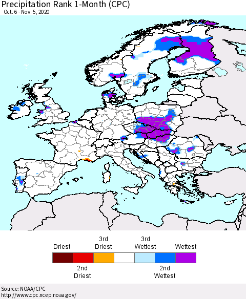 Europe Precipitation Rank 1-Month (CPC) Thematic Map For 10/6/2020 - 11/5/2020