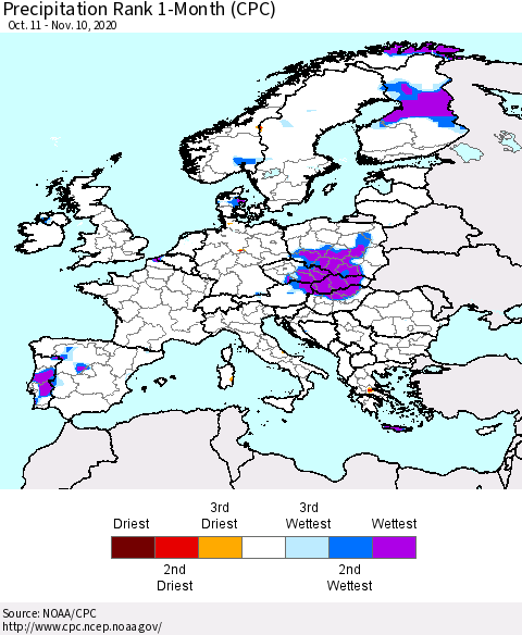Europe Precipitation Rank 1-Month (CPC) Thematic Map For 10/11/2020 - 11/10/2020
