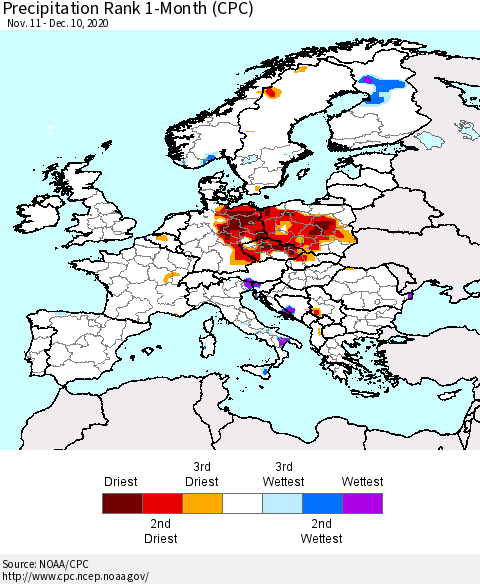 Europe Precipitation Rank 1-Month (CPC) Thematic Map For 11/11/2020 - 12/10/2020