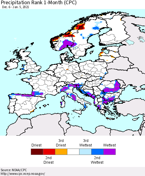 Europe Precipitation Rank since 1981, 1-Month (CPC) Thematic Map For 12/6/2020 - 1/5/2021