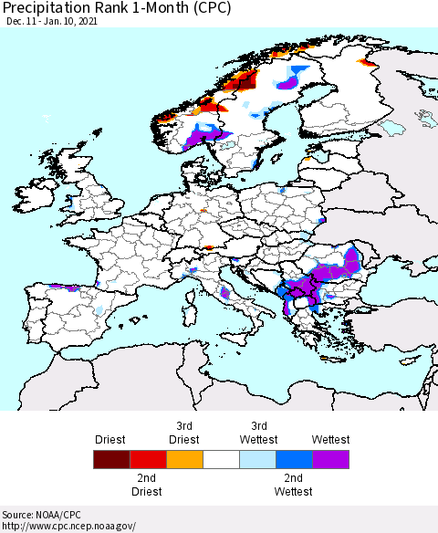 Europe Precipitation Rank 1-Month (CPC) Thematic Map For 12/11/2020 - 1/10/2021