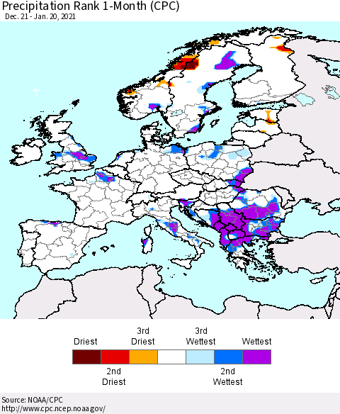 Europe Precipitation Rank 1-Month (CPC) Thematic Map For 12/21/2020 - 1/20/2021