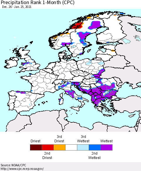 Europe Precipitation Rank 1-Month (CPC) Thematic Map For 12/26/2020 - 1/25/2021