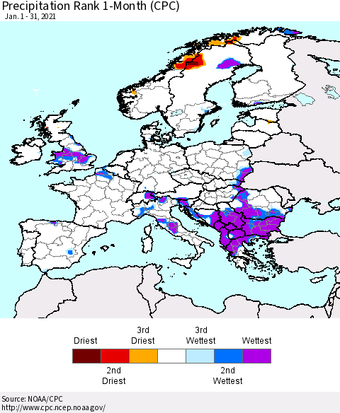 Europe Precipitation Rank since 1981, 1-Month (CPC) Thematic Map For 1/1/2021 - 1/31/2021