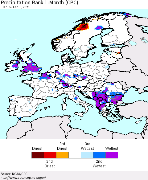 Europe Precipitation Rank 1-Month (CPC) Thematic Map For 1/6/2021 - 2/5/2021