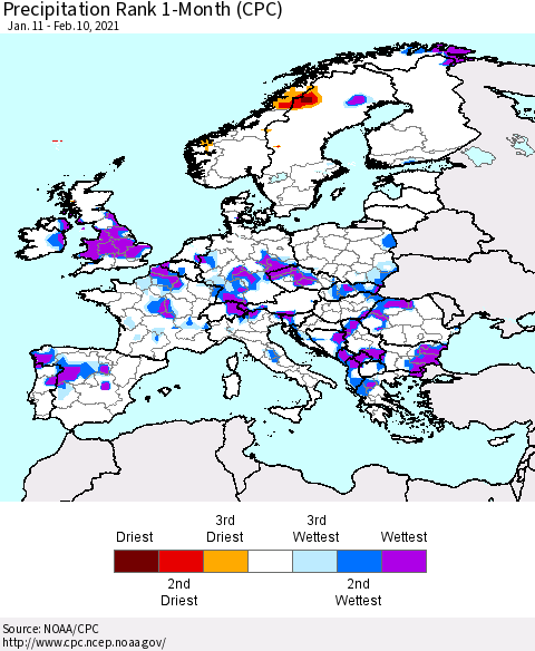 Europe Precipitation Rank 1-Month (CPC) Thematic Map For 1/11/2021 - 2/10/2021