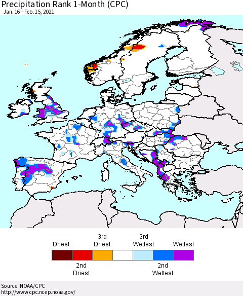 Europe Precipitation Rank since 1981, 1-Month (CPC) Thematic Map For 1/16/2021 - 2/15/2021