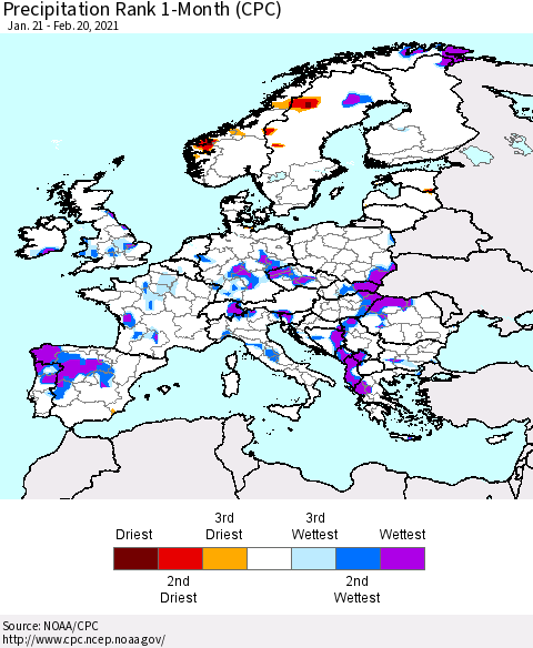 Europe Precipitation Rank since 1981, 1-Month (CPC) Thematic Map For 1/21/2021 - 2/20/2021