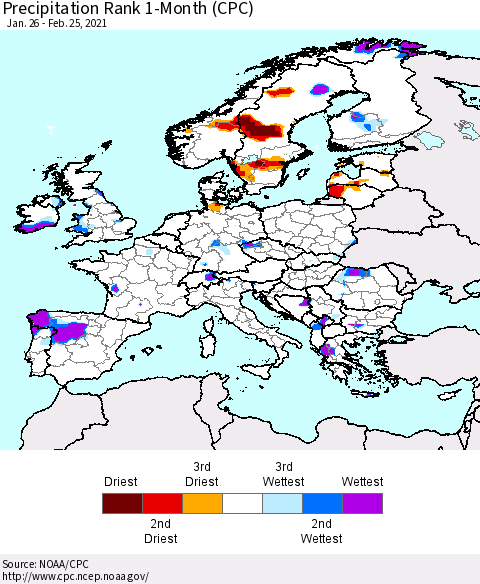 Europe Precipitation Rank 1-Month (CPC) Thematic Map For 1/26/2021 - 2/25/2021
