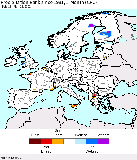 Europe Precipitation Rank 1-Month (CPC) Thematic Map For 2/16/2021 - 3/15/2021