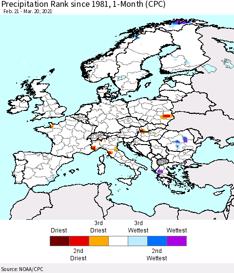 Europe Precipitation Rank since 1981, 1-Month (CPC) Thematic Map For 2/21/2021 - 3/20/2021