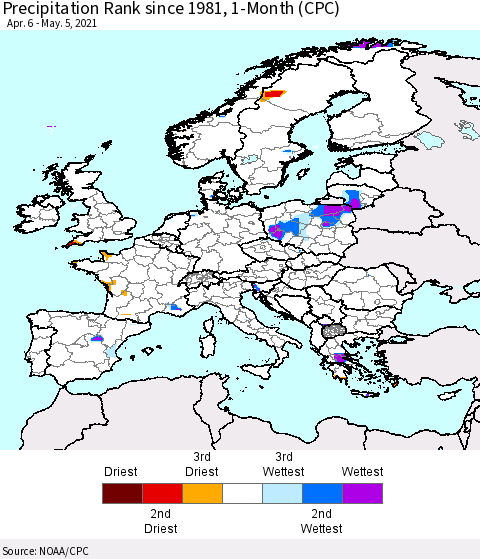 Europe Precipitation Rank 1-Month (CPC) Thematic Map For 4/6/2021 - 5/5/2021