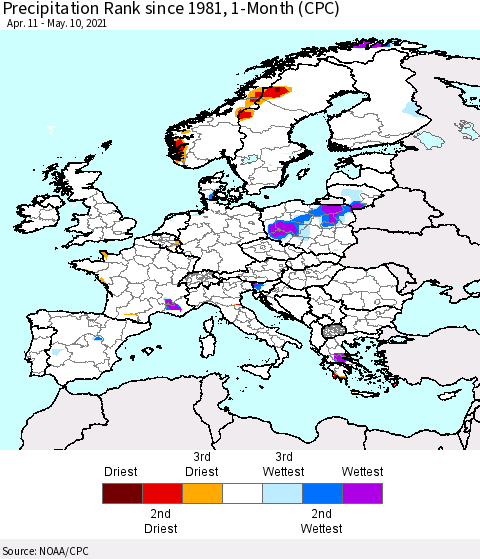 Europe Precipitation Rank since 1981, 1-Month (CPC) Thematic Map For 4/11/2021 - 5/10/2021