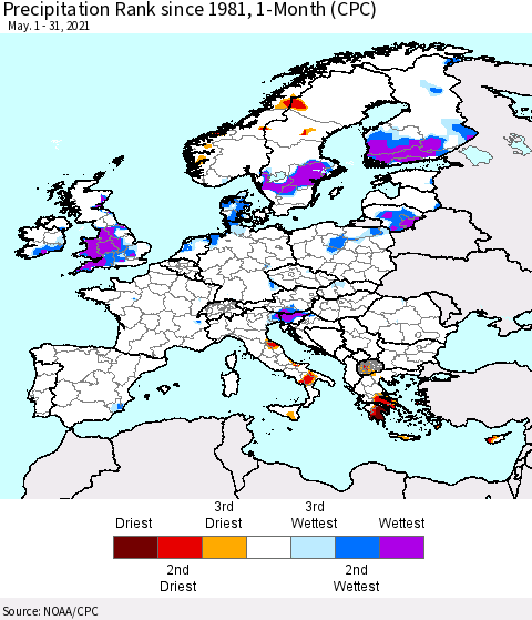 Europe Precipitation Rank 1-Month (CPC) Thematic Map For 5/1/2021 - 5/31/2021