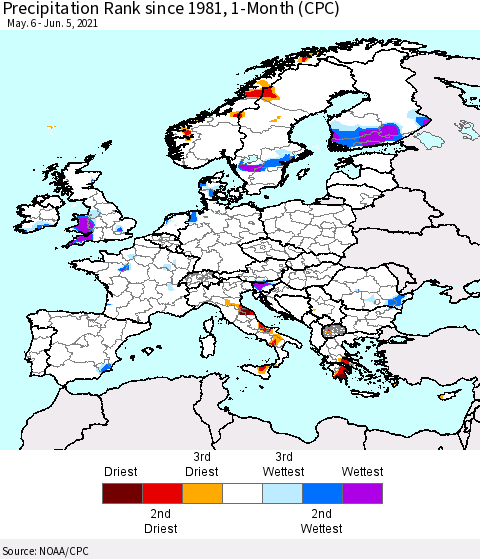 Europe Precipitation Rank 1-Month (CPC) Thematic Map For 5/6/2021 - 6/5/2021