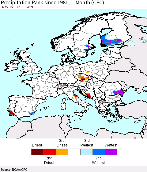 Europe Precipitation Rank 1-Month (CPC) Thematic Map For 5/16/2021 - 6/15/2021