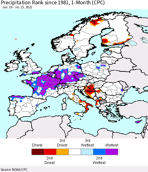 Europe Precipitation Rank 1-Month (CPC) Thematic Map For 6/16/2021 - 7/15/2021