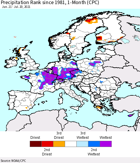 Europe Precipitation Rank since 1981, 1-Month (CPC) Thematic Map For 6/21/2021 - 7/20/2021