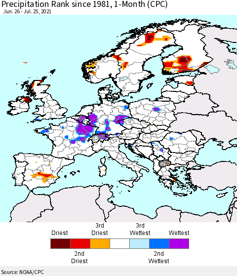 Europe Precipitation Rank since 1981, 1-Month (CPC) Thematic Map For 6/26/2021 - 7/25/2021