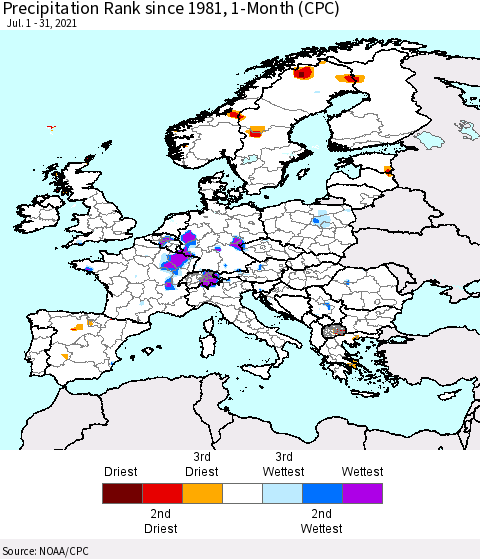 Europe Precipitation Rank since 1981, 1-Month (CPC) Thematic Map For 7/1/2021 - 7/31/2021