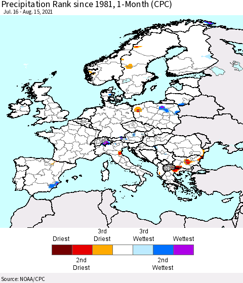 Europe Precipitation Rank 1-Month (CPC) Thematic Map For 7/16/2021 - 8/15/2021