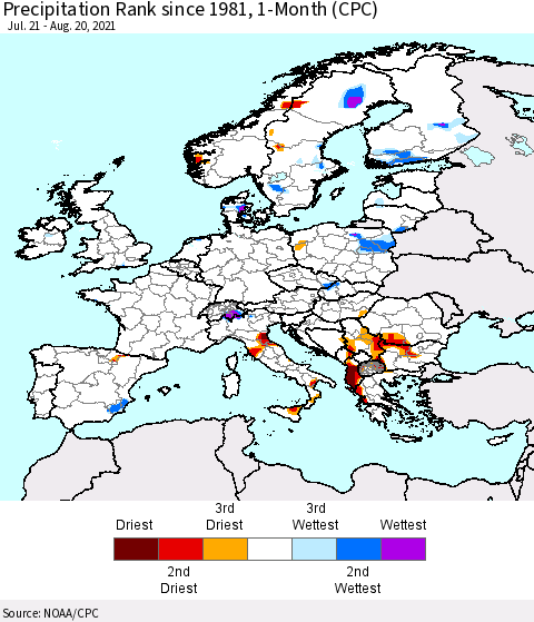 Europe Precipitation Rank 1-Month (CPC) Thematic Map For 7/21/2021 - 8/20/2021