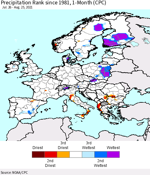 Europe Precipitation Rank since 1981, 1-Month (CPC) Thematic Map For 7/26/2021 - 8/25/2021