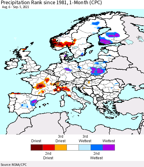 Europe Precipitation Rank 1-Month (CPC) Thematic Map For 8/6/2021 - 9/5/2021