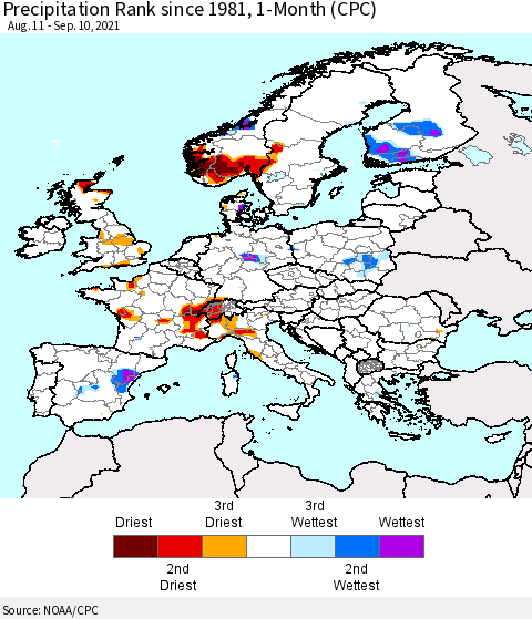 Europe Precipitation Rank 1-Month (CPC) Thematic Map For 8/11/2021 - 9/10/2021