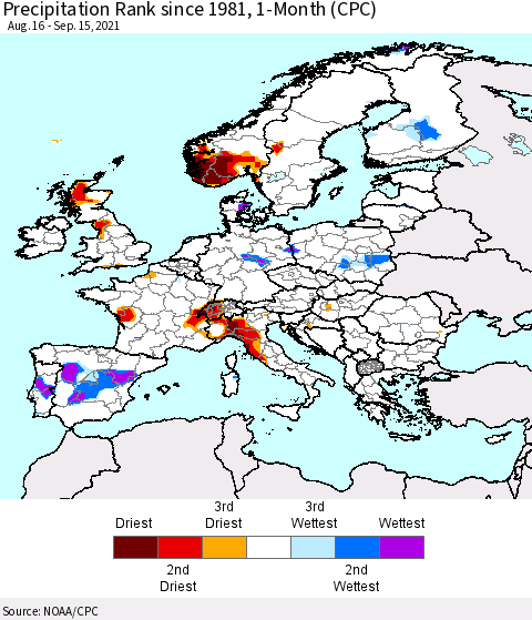 Europe Precipitation Rank 1-Month (CPC) Thematic Map For 8/16/2021 - 9/15/2021