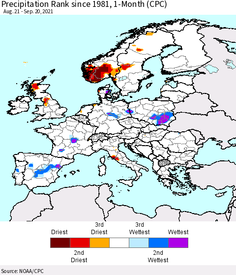 Europe Precipitation Rank since 1981, 1-Month (CPC) Thematic Map For 8/21/2021 - 9/20/2021