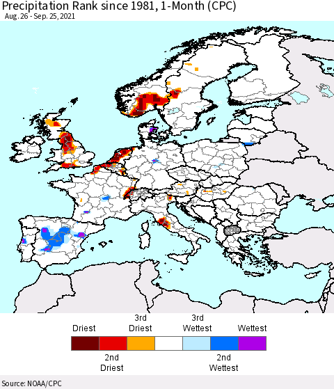 Europe Precipitation Rank 1-Month (CPC) Thematic Map For 8/26/2021 - 9/25/2021