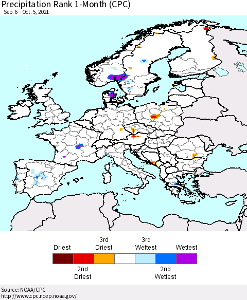Europe Precipitation Rank 1-Month (CPC) Thematic Map For 9/6/2021 - 10/5/2021
