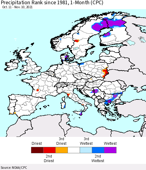 Europe Precipitation Rank since 1981, 1-Month (CPC) Thematic Map For 10/11/2021 - 11/10/2021