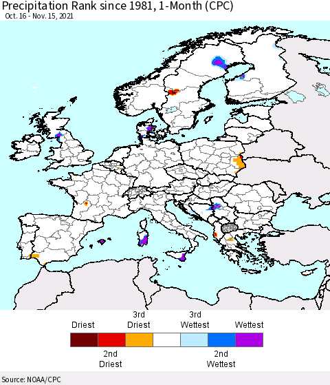 Europe Precipitation Rank 1-Month (CPC) Thematic Map For 10/16/2021 - 11/15/2021