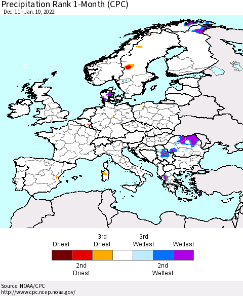 Europe Precipitation Rank 1-Month (CPC) Thematic Map For 12/11/2021 - 1/10/2022