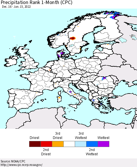 Europe Precipitation Rank 1-Month (CPC) Thematic Map For 12/16/2021 - 1/15/2022