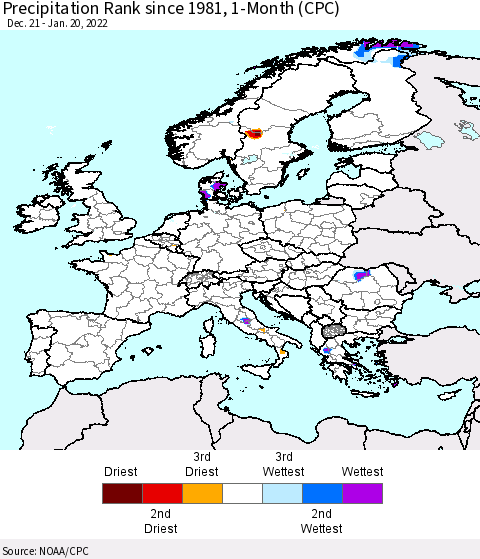 Europe Precipitation Rank 1-Month (CPC) Thematic Map For 12/21/2021 - 1/20/2022