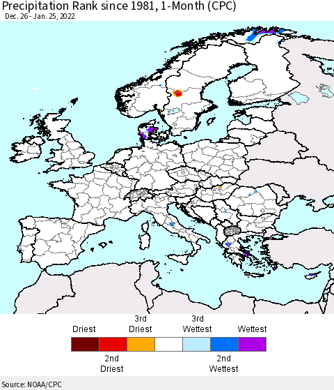 Europe Precipitation Rank 1-Month (CPC) Thematic Map For 12/26/2021 - 1/25/2022