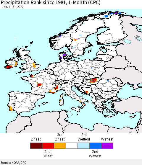 Europe Precipitation Rank since 1981, 1-Month (CPC) Thematic Map For 1/1/2022 - 1/31/2022