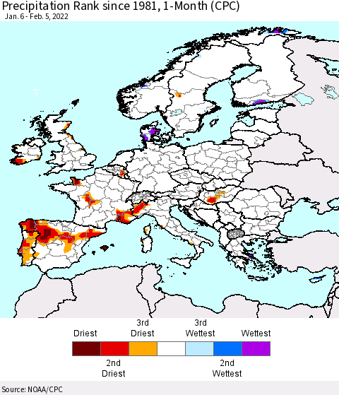 Europe Precipitation Rank 1-Month (CPC) Thematic Map For 1/6/2022 - 2/5/2022