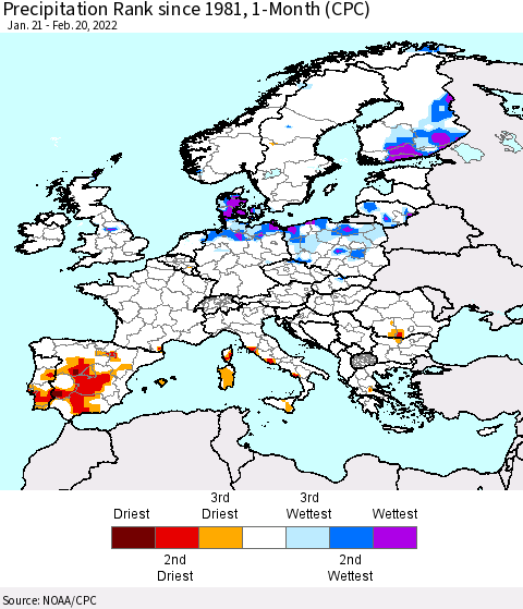 Europe Precipitation Rank 1-Month (CPC) Thematic Map For 1/21/2022 - 2/20/2022