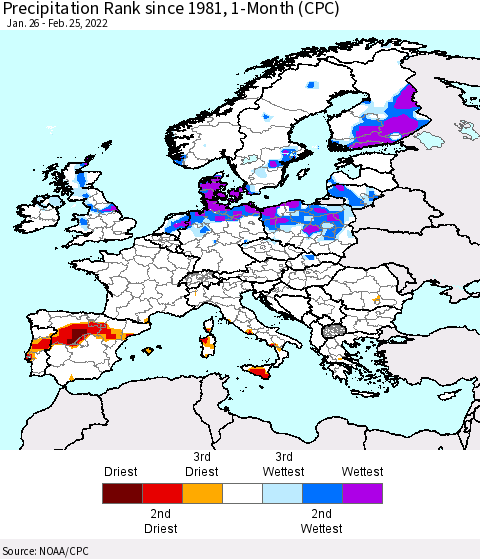 Europe Precipitation Rank 1-Month (CPC) Thematic Map For 1/26/2022 - 2/25/2022