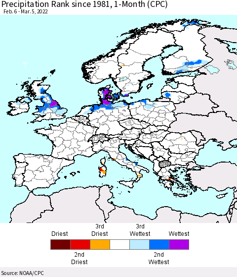 Europe Precipitation Rank since 1981, 1-Month (CPC) Thematic Map For 2/6/2022 - 3/5/2022