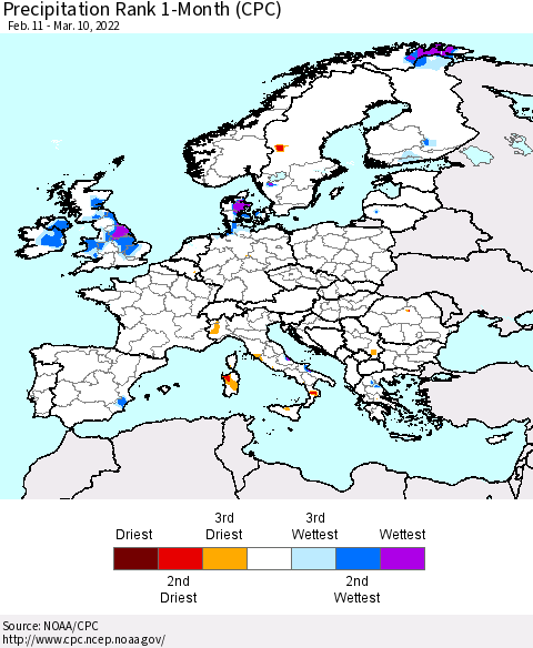 Europe Precipitation Rank 1-Month (CPC) Thematic Map For 2/11/2022 - 3/10/2022